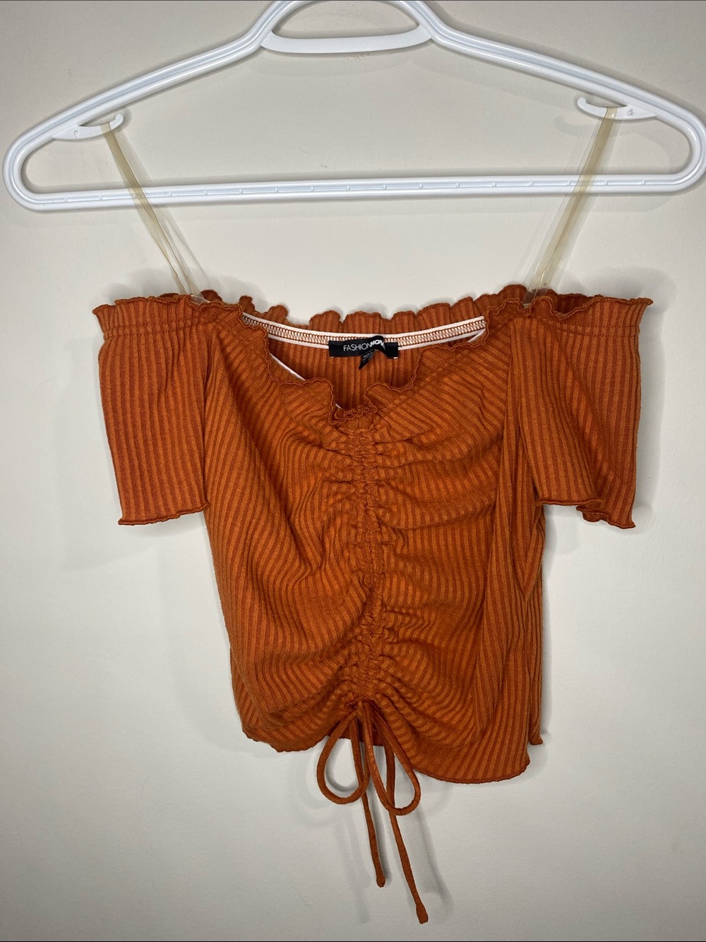 Fashion Nova Rust Off-Shoulder Ribbed Ruched Crop Top
